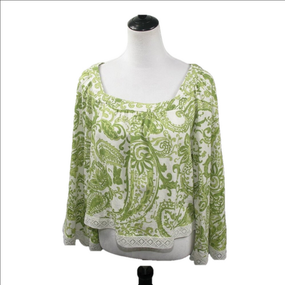 Nicole Miller Tops - Nicole Miller Boho Green/White Paisley Cropped Linen Blend Blouse Size Medium